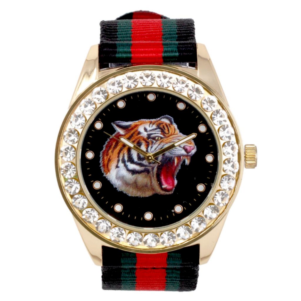 Gold Pt Bling Nylon Band Tiger Dial Hip Hop Watch